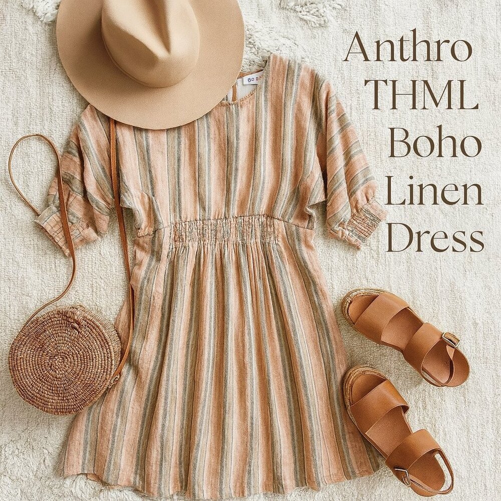 THML Anthropologie Smocked A-Line Striped Midi Dress Cottagecore Sz S - Picture 16 of 16